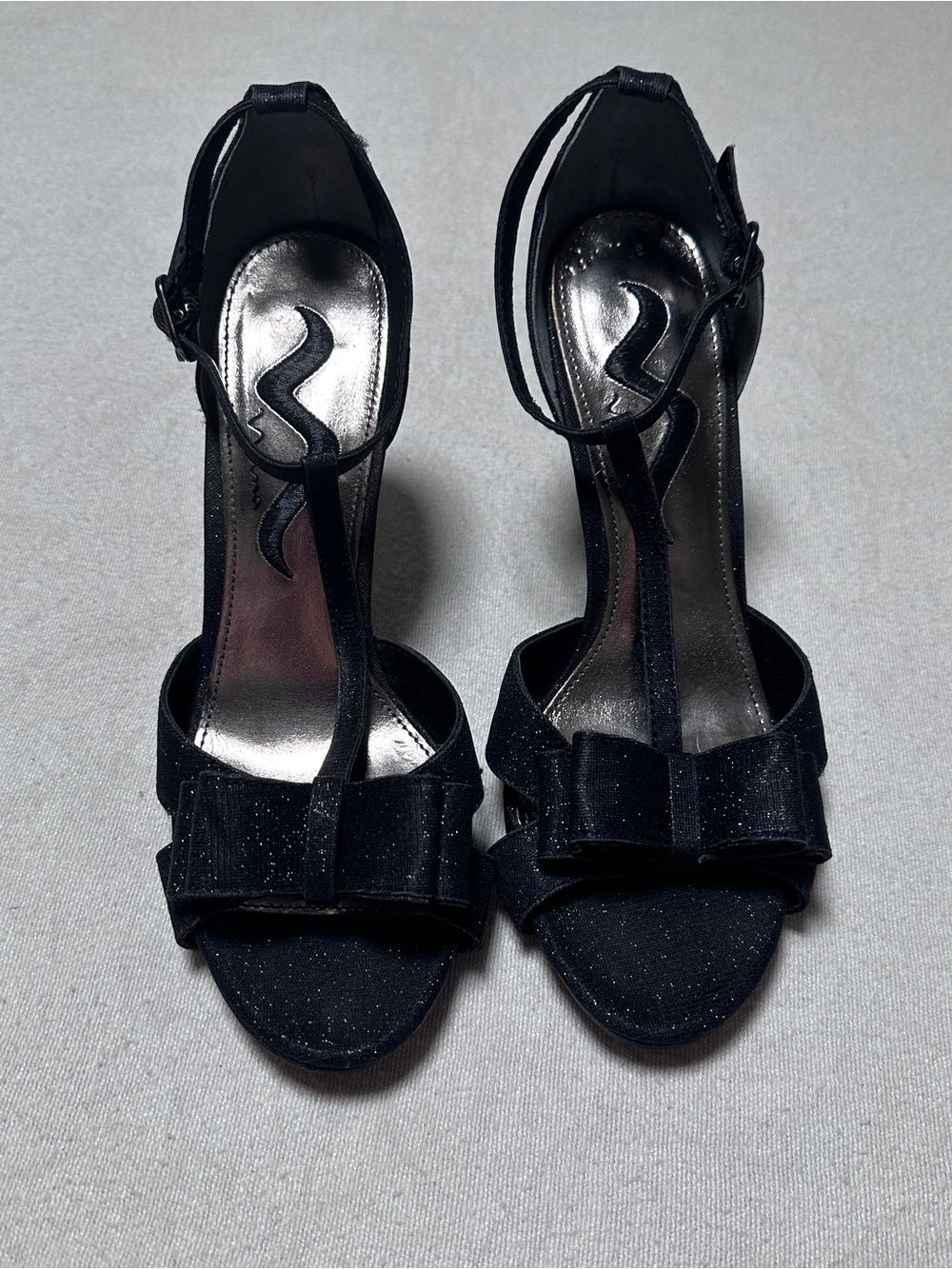 Nina Black 4inch T-Strap Heels with Front Bow